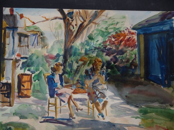 Joseph L Deitch Watercolor: Two Women Sitting In Backyard 1930s-40s