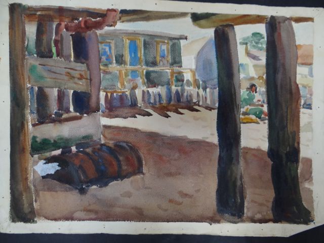 Joseph L Deitch Watercolor: Beachfront Houses Viewed From Under the Pier 1930s-40s