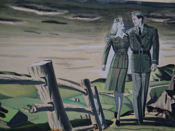 Joseph L Deitch WW II Illustration: Man and Woman in Uniform in Green Landscape