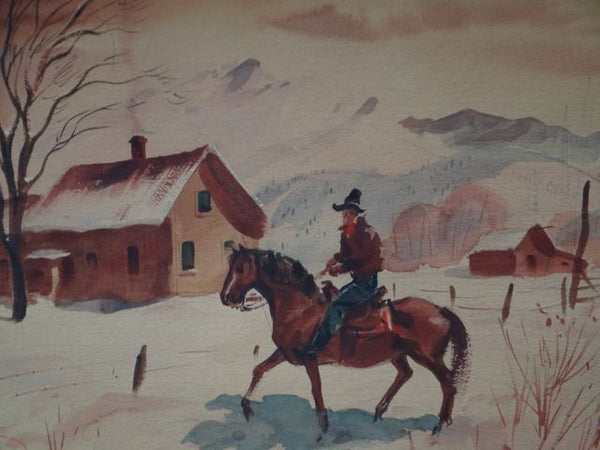 Charles Payzant Watercolor, Double-sided: Cowboy on Winter Ranch/ Market Scene