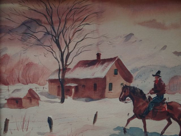 Charles Payzant Watercolor, Double-sided: Cowboy on Winter Ranch/ Market Scene