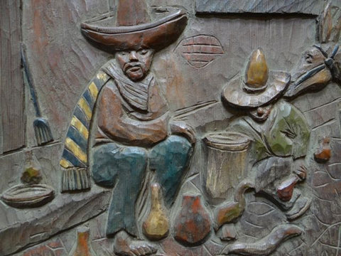 Carl Christian Abel Large Wood Carving Mexican Scene, Plaque 1930s