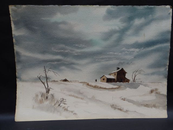 Alfred C. Ybarra (1905 – 2001) Watercolor dated 1938 Farmhouse in Snowy Fields P661