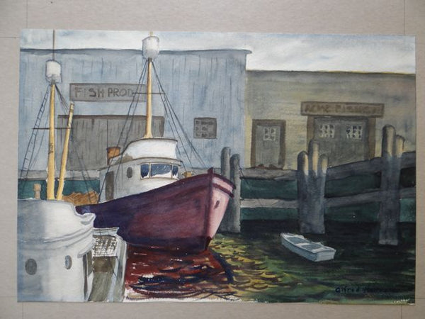 Alfred C. Ybarra (1905 – 2001) Watercolor Boats in a Harbor P695