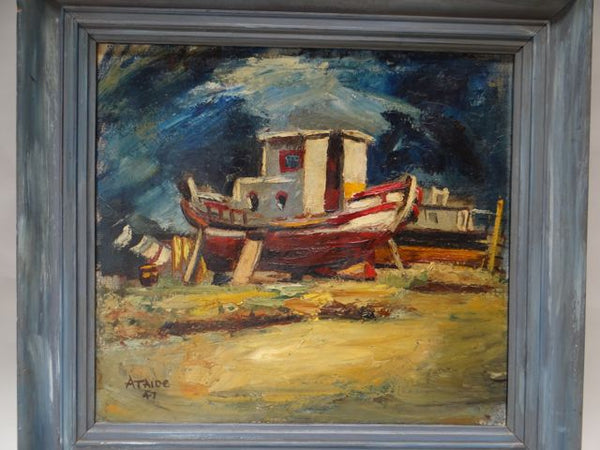 Boat Out Of Water Oil on Canvas signed Ataide 1947