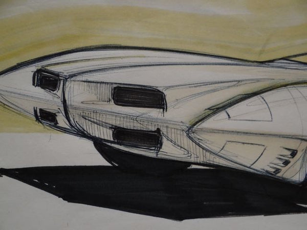 Bill Michalak Pontiac Concept Car Yellow Background circa 1969 Watercolor and Pen Original