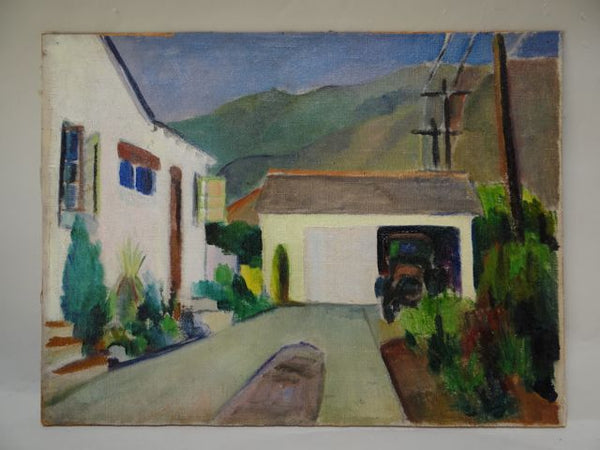 California Bungalow in the Foothills Folk Art Oil On Board c 1929