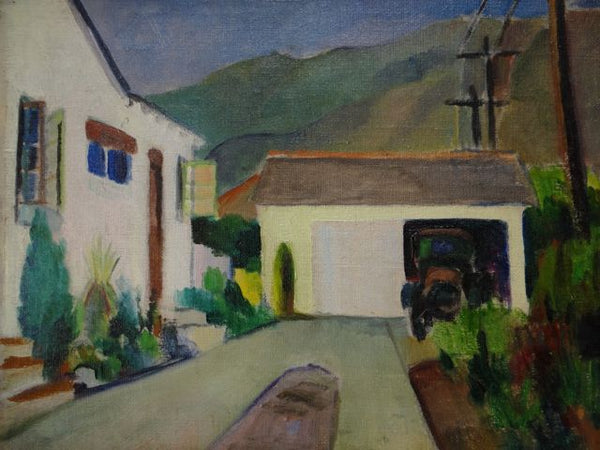 California Bungalow in the Foothills Folk Art Oil On Board c 1929