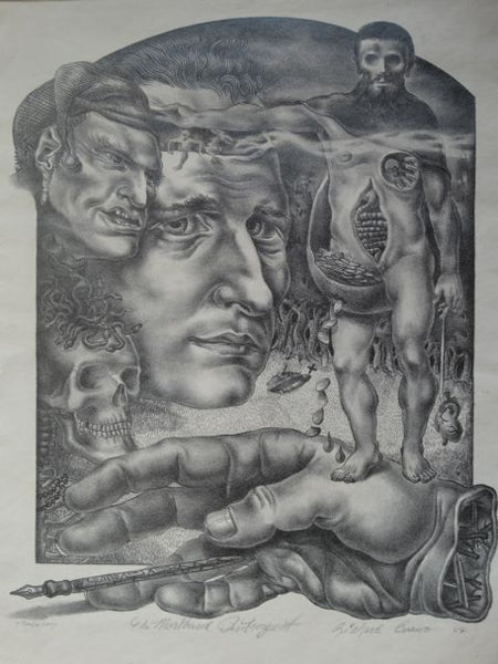 Richard Evans (1923-2013) Surrealist Lithograph: “The Moribund Introspect” 1944