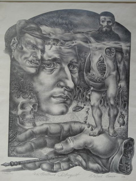 Richard Evans (1923-2013) Surrealist Lithograph: “The Moribund Introspect” 1944